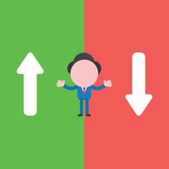 Vector illustration concept of businessman character with arrows moving up and down on green and red backgrounds.