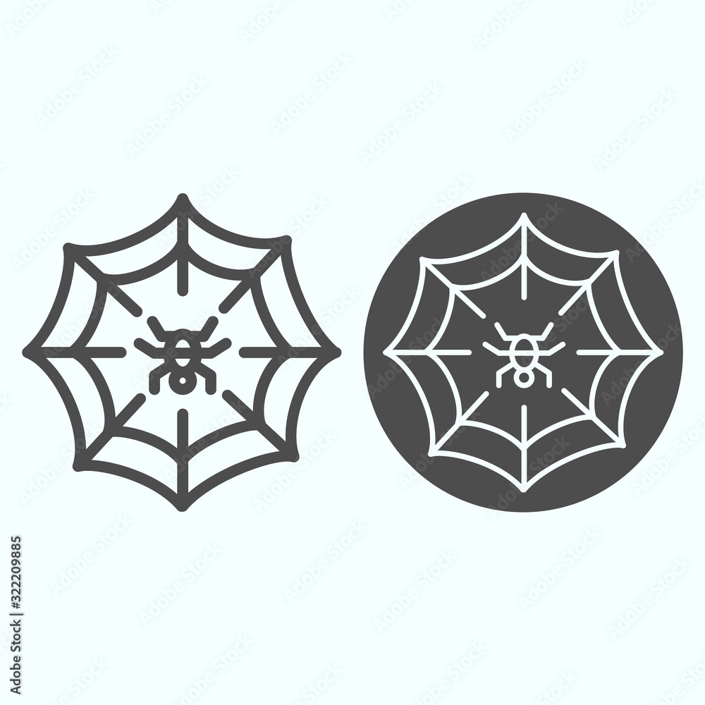 Poster web line and solid icon. scary net grid with spider in center. halloween vector design concept, outl