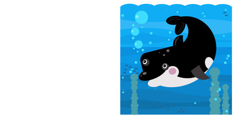 Cartoon underwater scene with swimming coral reef fish killer whale with space for text - illustration