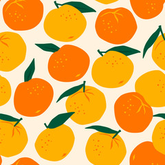 Vector seamless pattern with mandarins. Trendy hand drawn textures