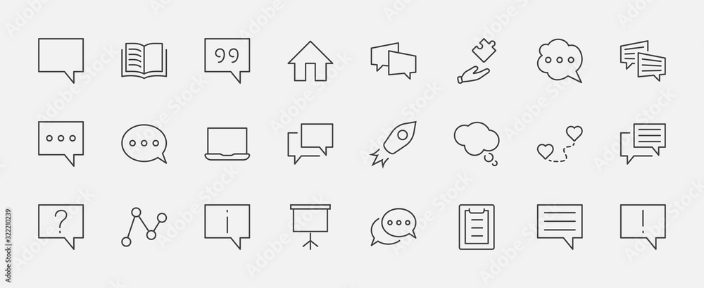 Poster set of speech bubble chat vector lines of icons. editable stroke. 32x32 pixels.