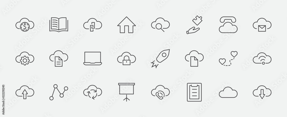 Poster set of cloud vector line icon. it contains symbols to upload, download, link and more. editable stro