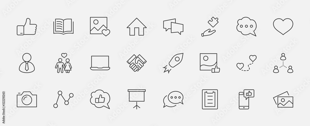 Poster set of social networks related vector line icons. contains such icons as profile page, rating, socia