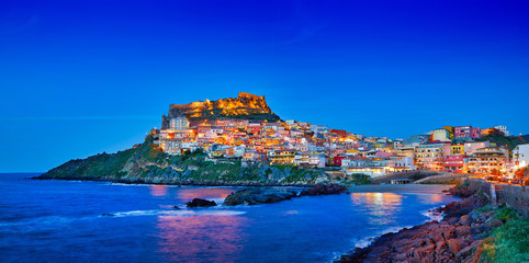 Beautiful panoramic view of Medieval town of Castelsardo at evening (night), Province of Sassari,...