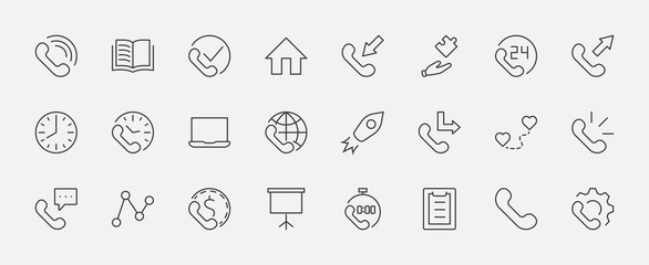 Set of Phone vector line icons. It contains the symbols of incoming, outgoing, missed calls, global call and round the clock online support and much more. Editable Stroke. 32x32 pixels.