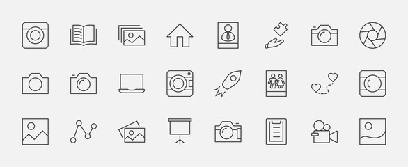 Set of Cameras and photo, vector line icons. Contains symbols of portraits and family photos and much more. Editable Stroke. 32x32 pixels - obrazy, fototapety, plakaty
