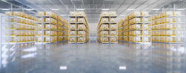 Warehouse or industry building interior. known as distribution center, retail warehouse. Part of storage and shipping system. Included box package on shelf, empty space and concrete floor. 3d render.