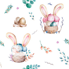 Seamless Pattern Vintage Basket Easter eggs and sheep Cute hand drawn watercolor illustration for greeting card on isolated white background