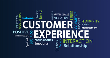 Customer Experience Word Cloud on a Blue Background