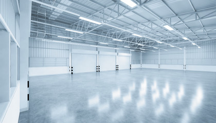 Roller door or roller shutter inside factory, warehouse or industrial building. Modern interior design with polished concrete floor and empty space for product display, industry background. 3d render.