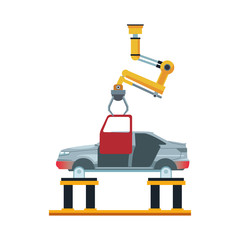 lifted car and industrial arm holding a door, colorful design