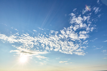 Blue aerial landscape on light background. Empty background scene. Panoramic view. Sky blue background. Urban scene. Sunny day, blue sky. Wide angle. Wide panorama. Aerial view. Sky clouds.