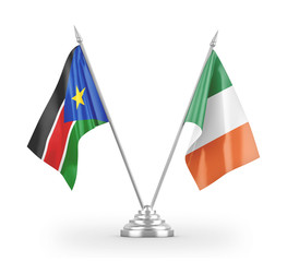 Ireland and South Sudan table flags isolated on white 3D rendering