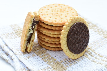 Chocolate cookies displayed on light background