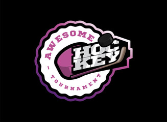 Hockey sport logo. Modern professional sporty hockey championship or tournament Typography in retro style with stick and puck. Vector design emblem, badge and sporty template logotype design