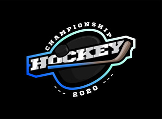 Hockey sport logo. Modern professional sporty hockey championship or tournament Typography in retro style with stick and puck. Vector design emblem, badge and sporty template logotype design