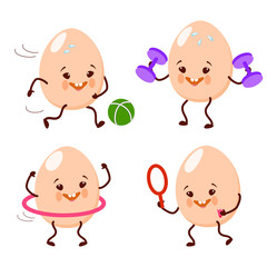 Egg. Cute cartoon character happy, joyful goes in for sports.