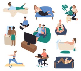 Home leisure, people resting on couch after work, vector illustration. Men and women spending time at home, reading books, watching tv, relaxing. Set of hand drawn cartoon characters, weekend leisure