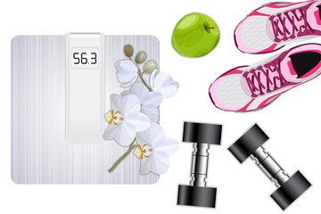 Fitness equipment. Apple, dumbbells and sport shoes, sport concept