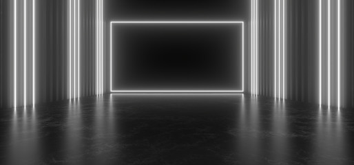 Beautiful composition of white neon lights on a black background. 3d rendering image.