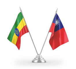 Taiwan and Ethiopia table flags isolated on white 3D rendering