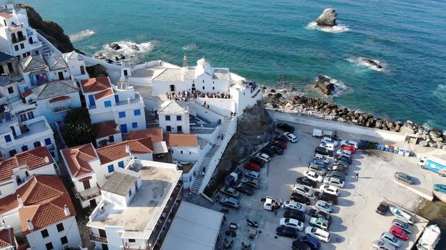 Aerial view of Skopelos harbor and the Old Town, island of Skopelos, Greece, Northern Sporades