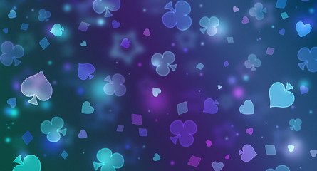 Blue abstract chaotic poker pattern of playing card symbols.