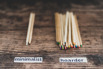 minimalist vs hoarder lifestyle, 2 tidy pencils vs messy group of all colors