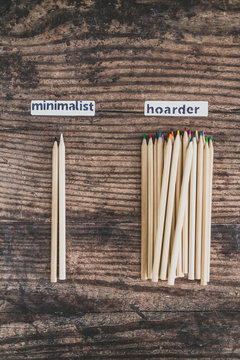 Minimalist Vs Hoarder Lifestyle, 2 Tidy Pencils Vs Messy Group Of All Colors