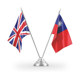 Taiwan and United Kingdom table flags isolated on white 3D rendering