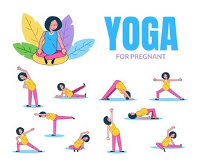 Yoga for pregnant women vector illustration. Girl doing yoga set collection isolated. Asana lotus position, tilts, stretching. Healthy activity for pregnant gymnastics, pilates, fitness.