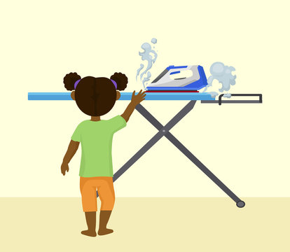 Accident risk with child and hot iron vector illustration. Little girl alone in room at home reaches iron with steam. Burns and fire huzard. Careless handling of electrical appliances.