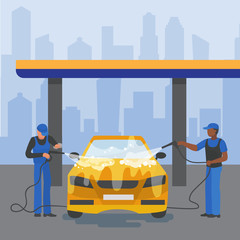 Car washing service city station and process vector illustration flat style. People workers men in uniform washing auto with soapy gun water. Urban background with buildings.