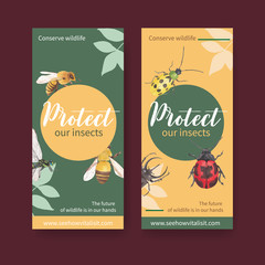 Insect and bird flyer design with wasp, stag beetle, ladybug watercolor illustration.