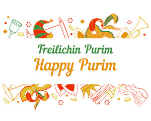 Border frame, design template for Purim. Traditional objects, decorations and food. Hand drawn outline vector sketch illustration