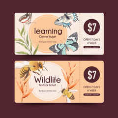 Insect and bird ticket design with butterfly, bee watercolor illustration.