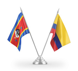 Colombia and Eswatini Swaziland table flags isolated on white 3D rendering