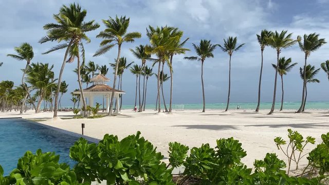 Paradise beach with palm trees, white sand and infinity pool, tropical resort in Dominican Republic, luxury lifestyle in Caribbean sea, getaway travel and leisure holiday concept