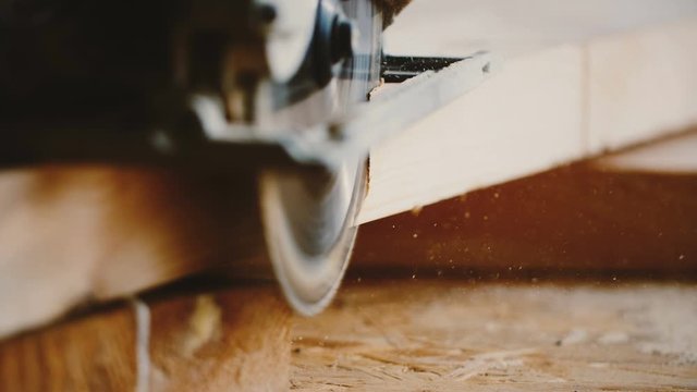 Amazing close-up, focus shifts on rotary buzzsaw carefully cutting a piece of wood, carpenter at work slow motion.