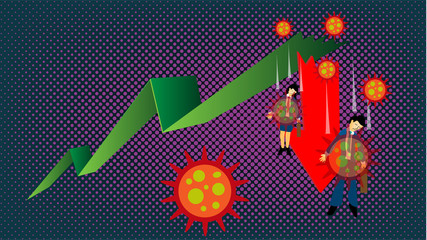 Fototapeta premium The cartoon infographic illustration picture of a sick businessman is fallen down by the germs on the falling graph. ( vector )