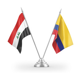 Colombia and Iraq table flags isolated on white 3D rendering