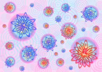 Abstract background in blue and red with flowers and circles, the basis for the card