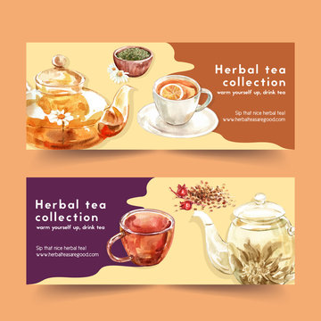 Herbal tea banner design with chamomile, cup, tea pot, Roselle watercolor illustration.