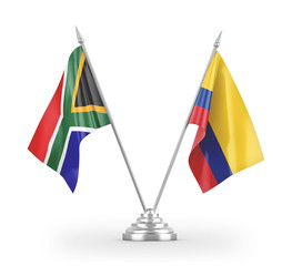 Colombia and South Africa table flags isolated on white 3D rendering