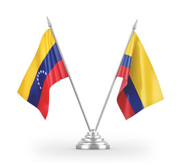 Colombia and Venezuela table flags isolated on white 3D rendering