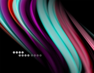 Silk smooth lines on black, liquid fluid color waves. Vector Illustration