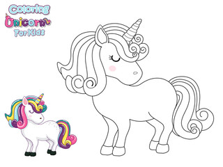 Coloring The Cute Cartoon Unicorn. Educational Game for Kids. Vector Illustration With Cartoon Animal Characters