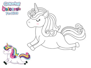 Coloring The Cute Cartoon Unicorn. Educational Game for Kids. Vector Illustration With Cartoon Animal Characters