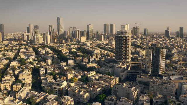 Tel Aviv center aerial view on sunset, Israel, 4k drone skyline