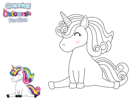 Coloring The Cute Cartoon Unicorn. Educational Game for Kids. Vector Illustration With Cartoon Animal Characters